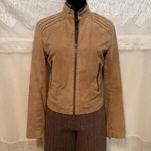 Women’s Suede Leather Jacket in Tan - Classic Zip Front